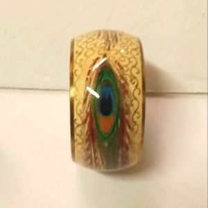 Vintage Peacock Bangle Bracelet Feathers Brass Gold Tone Enamel Unique
